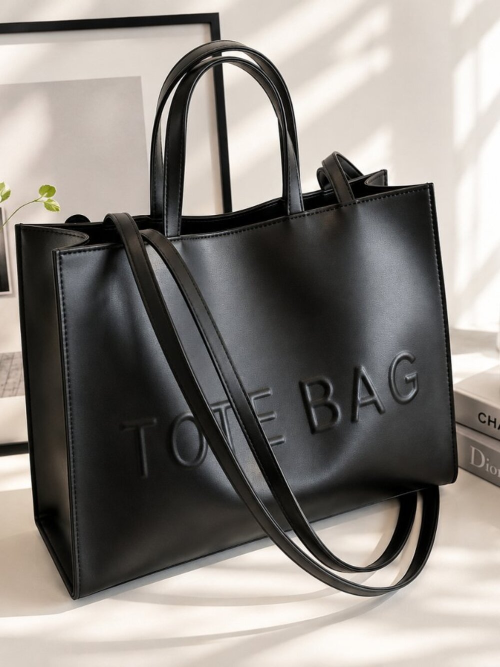 Black Vegan Leather Tote Bag Embossed TOTE BAG Shoulder Handbag Work Travel Purs